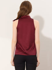 Elegant Satin Sleeveless Tie Knot Mock Neck Solid Work Blouse Top