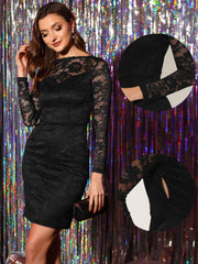 Lace Boat Neck Long Sleeve Cocktail Bodycon Pencil Dress