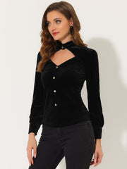Ruffle Mock Neck Cutout Shirt Long Sleeve Gothic Velvet Blouse