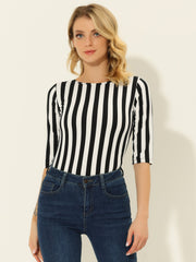 3/4 Sleeve Round Neck Casual Striped T-Shirt