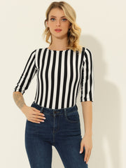 3/4 Sleeve Round Neck Casual Striped T-Shirt