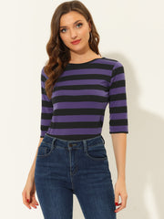 3/4 Sleeve Round Neck Casual Striped T-Shirt