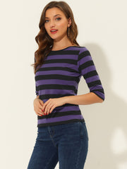 3/4 Sleeve Round Neck Casual Striped T-Shirt