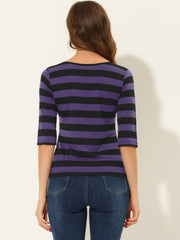 3/4 Sleeve Round Neck Casual Striped T-Shirt