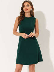 Round Neck Solid Color Sleeveless A-Line Work Midi Dress