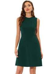 Round Neck Solid Color Sleeveless A-Line Work Midi Dress