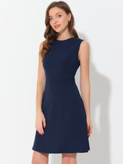 Round Neck Solid Color Sleeveless A-Line Work Midi Dress