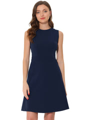 Round Neck Solid Color Sleeveless A-Line Work Midi Dress
