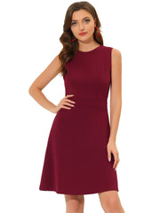 Round Neck Solid Color Sleeveless A-Line Work Midi Dress