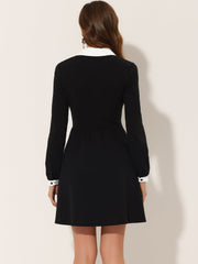 Contrast Color Puff Long Sleeve Collared Flare Short Dress