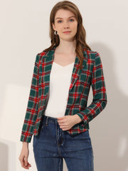 Business Casual Open Front Notch Lapel Plaid Suit Blazer