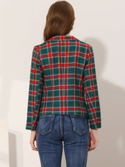 Business Casual Open Front Notch Lapel Plaid Suit Blazer