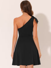 Bow One Shoulder Sleeveless Pockets A-Line Midi Dress