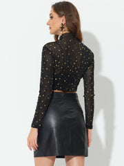 Mesh Crop Top Stars Mock Neck Party See Through Blouse