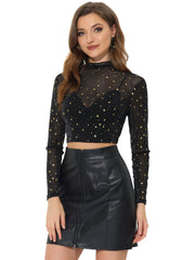 Mesh Crop Top Stars Mock Neck Party See Through Blouse