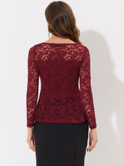 Lace Tops Keyhole Front Peplum Hem Sheer Long Sleeve Blouse