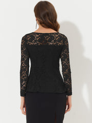Lace Tops Keyhole Front Peplum Hem Sheer Long Sleeve Blouse