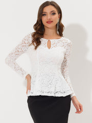 Lace Tops Keyhole Front Peplum Hem Sheer Long Sleeve Blouse