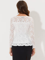 Lace Tops Keyhole Front Peplum Hem Sheer Long Sleeve Blouse