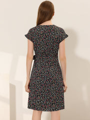 Ditsy Floral V Neck Ruffle Flutter Sleeve Midi Wrap Dress