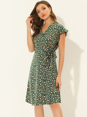 Ditsy Floral V Neck Ruffle Flutter Sleeve Midi Wrap Dress