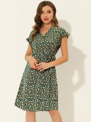 Ditsy Floral V Neck Ruffle Flutter Sleeve Midi Wrap Dress