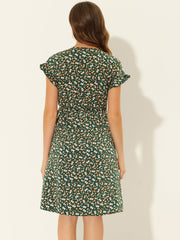 Ditsy Floral V Neck Ruffle Flutter Sleeve Midi Wrap Dress