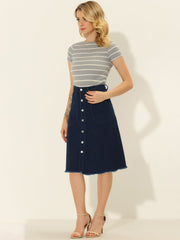Denim Raw Hem Button Down Midi Jeans Skirt