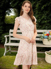 Floral Flutter Sleeve V Neck Smocked Ruffle Dress