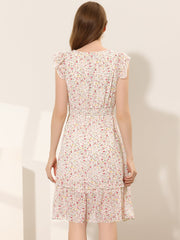 Floral Flutter Sleeve V Neck Smocked Ruffle Dress