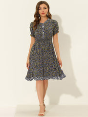 Floral Ruffle Neck Smocked Waist Short Sleeve Midi Dress