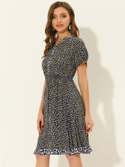 Floral Ruffle Neck Smocked Waist Short Sleeve Midi Dress