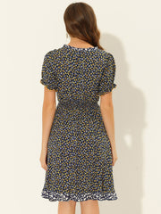 Floral Ruffle Neck Smocked Waist Short Sleeve Midi Dress