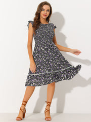Midi Smocked Cap Short Sleeve Floral Fit and Flare Dress