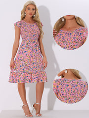 Midi Smocked Cap Short Sleeve Floral Fit and Flare Dress