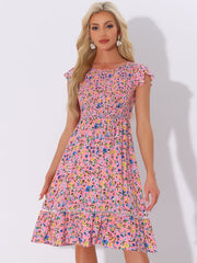 Midi Smocked Cap Short Sleeve Floral Fit and Flare Dress