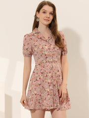 Button Up Short Sleeve A-Line Chiffon Vintage Floral Shirt Dress