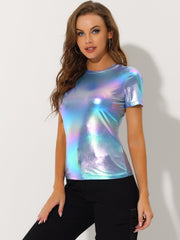 Party Metallic Textured Short Sleeve Shiny Multicolor Top