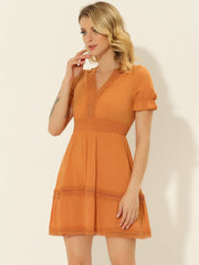Boho Puff Sleeve V Neck Smocked Waist Ruffled Tiered Dress