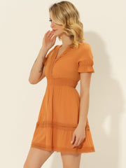 Boho Puff Sleeve V Neck Smocked Waist Ruffled Tiered Dress