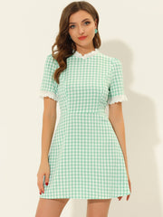 Summer Ruffle Neck Lace Panel Short Sleeve Check Gingham Dress