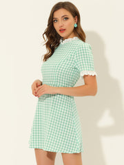 Summer Ruffle Neck Lace Panel Short Sleeve Check Gingham Dress
