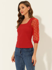Retro Square Neck Tops Slim Fit Semi Sheer 3/4 Mesh Sleeve Top