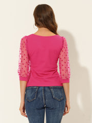 Retro Square Neck Tops Slim Fit Semi Sheer 3/4 Mesh Sleeve Top