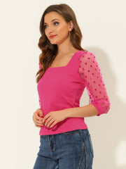 Retro Square Neck Tops Slim Fit Semi Sheer 3/4 Mesh Sleeve Top