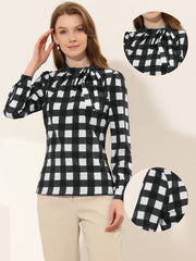 Bow Tie Neck Grid Checks Shirt Office Work Tops Blouse