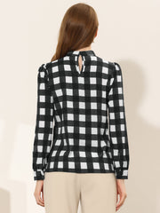 Bow Tie Neck Grid Checks Shirt Office Work Tops Blouse
