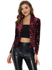 Metallic Star Single Button Velvet Lapel Crop Blazer