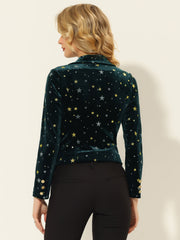 Metallic Star Single Button Velvet Lapel Crop Blazer