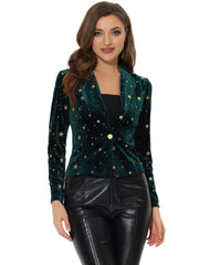 Metallic Star Single Button Velvet Lapel Crop Blazer